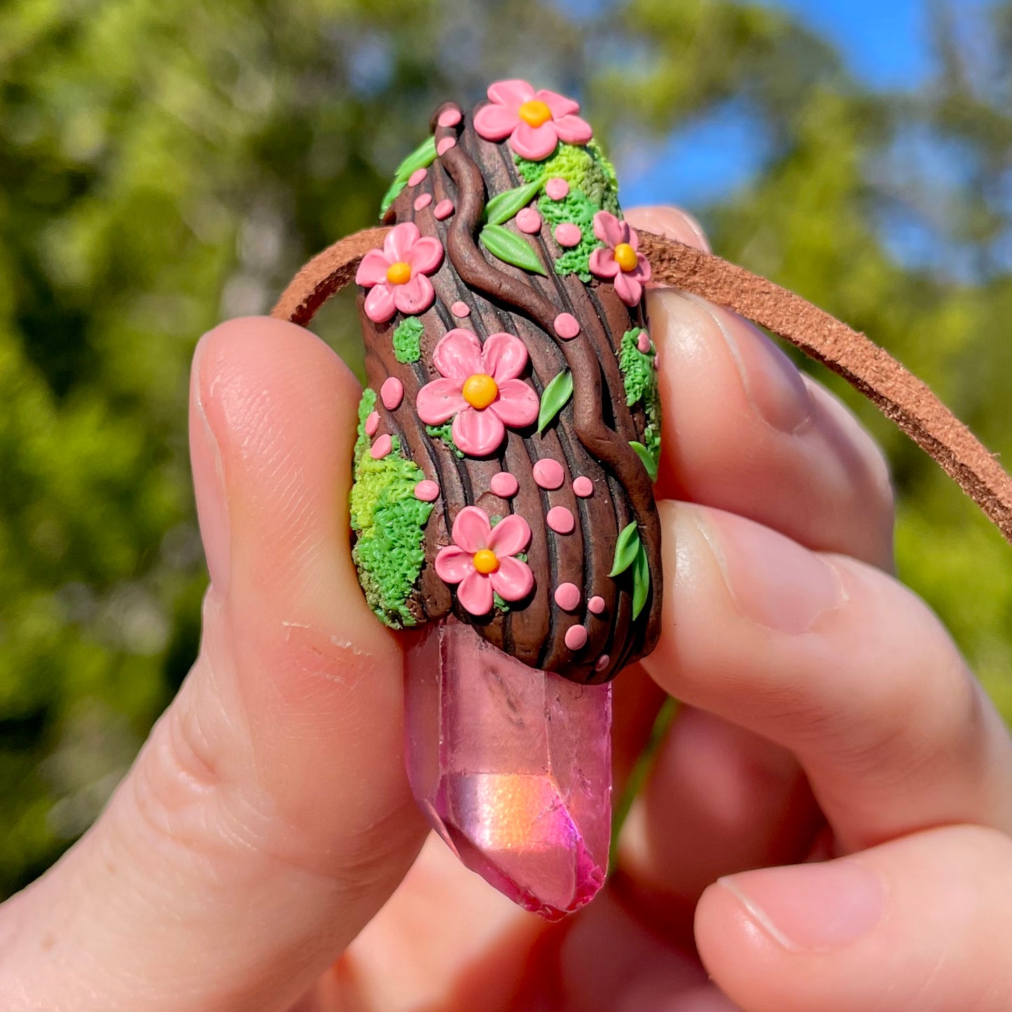 Pink Aura Quartz Forest Pendant